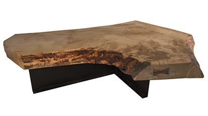 A collection of solid wood live edge coffee tables. Most tables have a rustic or industial style. 