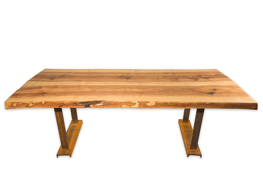 Our Hamlin live edge table is made from solid ash and features a solid steel base. 